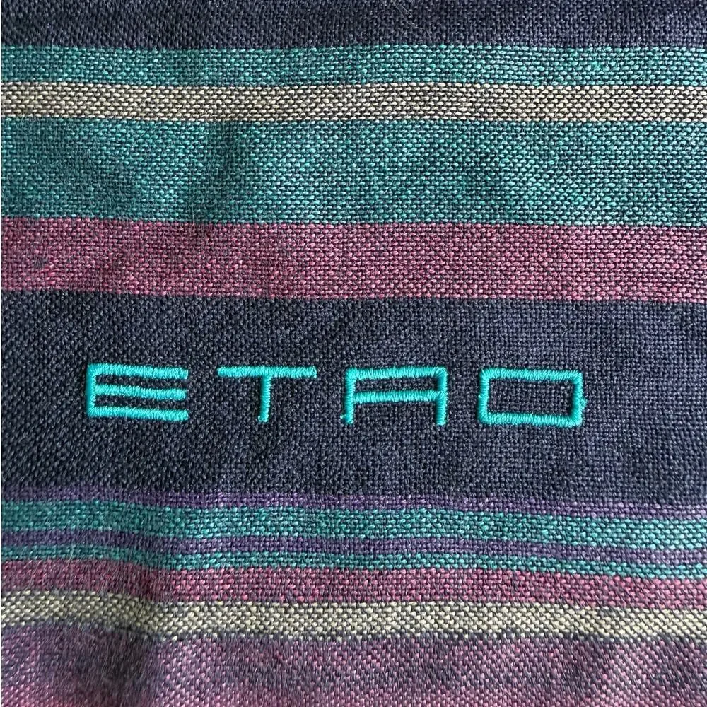 ETRO Italy Striped Scarf Purple Teal Wool Silk Cashmere Fringe Embroidered Logo